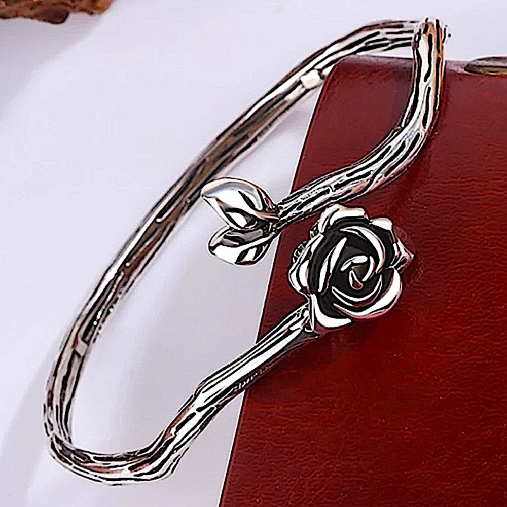 Flower Sterling Silver Bangle Cuff Bracelet